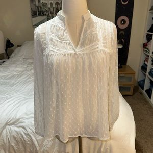 ZARA Z1975 Denim | Sheer Swiss Dot Long Sleeve Peasant Blouse Top High V Neck